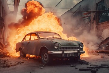 Old car amidst explosive scenario. Generative AI