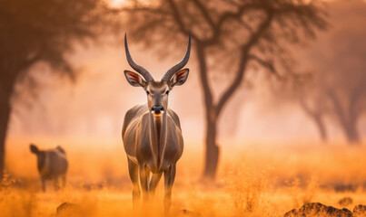 Photo of nilgai, majestic and regal in the arid plains of Rajasthan. The composition captures the impressive size and strength of the antelope on desert landscape with the rich, earthy colors.