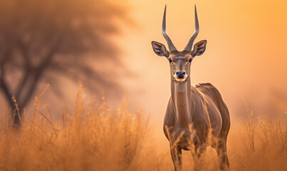 Photo of nilgai, majestic and regal in the arid plains of Rajasthan. The composition captures the impressive size and strength of the antelope on desert landscape with the rich, earthy colors. - obrazy, fototapety, plakaty