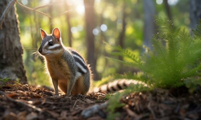 Obraz premium Photo of numbat marsupial, captured in its natural habitat, foraging for termites amongst the eucalyptus trees. Generative AI