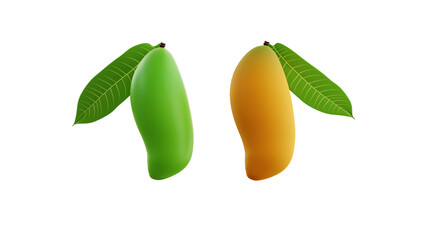 Fresh yellow mango tropical fruits with green leaves 3D rendering