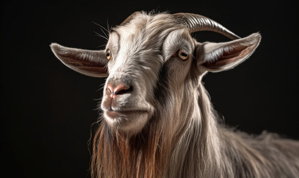 closeup studio photo shot of Nubian goat on dark background. Generative AI