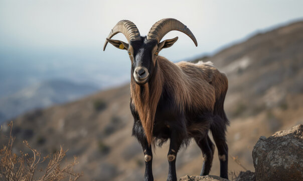 Photo of Nubian goat, standing on rocky terrain amidst rolling hills of pastoral landscape showcasing intricate details of the goat's curly horns, expressive eyes, and luxurious coat. Generative AI