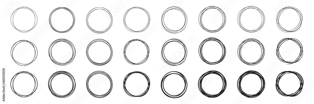 Poster hand drawn circles sketch frame set. rounds scribble line circles. vector illustrations.