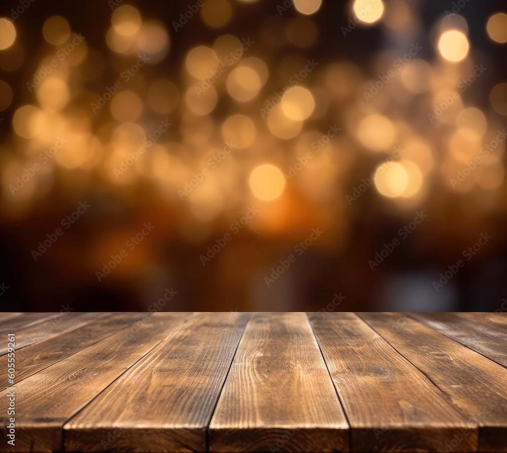 Aufkleber empty wooden table and abstract bokeh lights yellow background. for product display