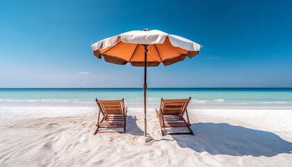 Beach umbrella with chairs on the sand. summer vacation concept