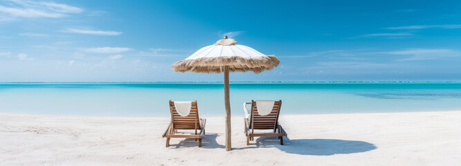 Beach umbrella with chairs on the sand. summer vacation concept