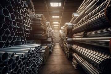 Stock of galvanized steel, stainless steel, aluminum, and chrome pipes for fast delivery in warehouse. Generative AI