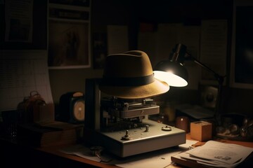 An overhead projector with a hat resting on top. Generative AI - obrazy, fototapety, plakaty