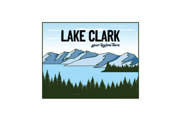 Fototapeta premium Vintage Retro American Lake Clark with Pine Cedar Evergreen Conifer Larch Cypress Fir Forest National Park for Outdoor Adventure T Shirt Logo Illustration