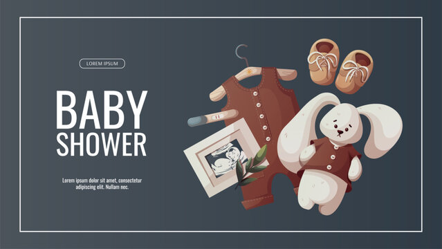 Banner design with plush toy, ultrasound baby picture, positive pregnancy test, baby bodysuit and booties. Baby waiting, pregnancy, sonogram concept. Vector illustration for sale, flyer, banner.