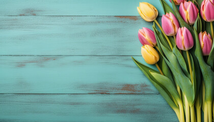 Tulip border with copy space. Beautiful frame composition of spring flowers. Bouquet of pink tulips flowers on turquoise blue vintage wooden background