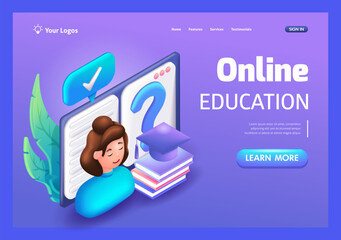 3D icons Isometric, cartoon. Young girl, a student, an applicant, studying online. Gets an education. Institute, Courses, webinars. Trending Landing Page
