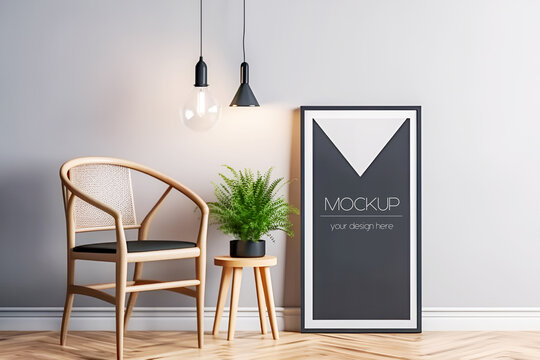 Modern scandinavian living room interior with black mock up poster frame, design chair  , plant in vase and elegant accessories. Template. Stylish home decor. Generative ai