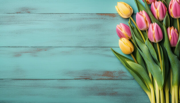 Tulip border with copy space. Beautiful frame composition of spring flowers. Bouquet of pink tulips flowers on turquoise blue vintage wooden background