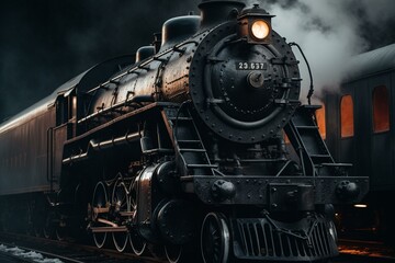 Fototapeta na wymiar Train engine with black smoke hauls Polar Express train. Generative AI