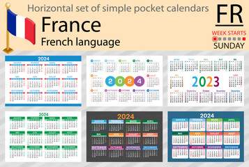 French horizontal set of pocket calendar for 2024. Week starts Sunday