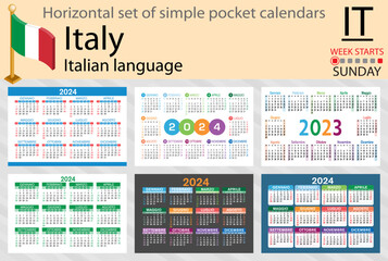 Italian horizontal set of pocket calendar for 2024. Week starts Sunday