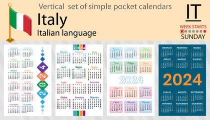 Italian vertical set of pocket calendar for 2024. Week starts Sunday