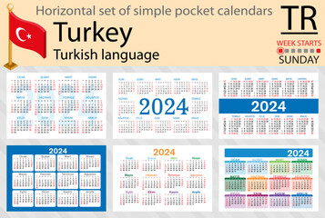 Turkish horizontal set of pocket calendar for 2024. Week starts Sunday
