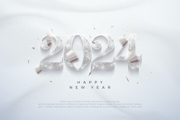 Happy new year 2024 design. With silver glittering metallic numerals. Glowing 3d realistic vector. Premium happy new year 2024 vector design for poster, banner, calendar and more.