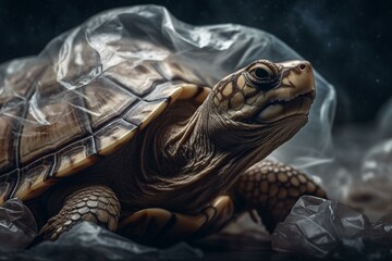 Fototapeta na wymiar A turtle in midst of plastic bags. Generative AI