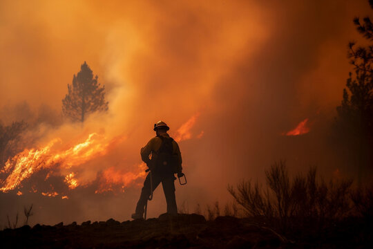 A photo capturing the silhouette of a firefighter battling a wildfire from a safe distance, showcasing bravery in the face of danger.