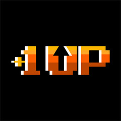 Pixel art 8-bit   1 level up and up arrow sign in letter U isolated on black background.