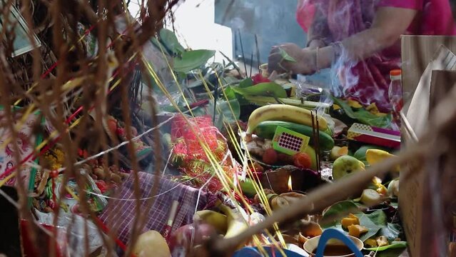 holy items kept for hindu religious worship of banyan tree on vat savitri at day video is taken at jodhpur rajasthan india on May 05 2023.