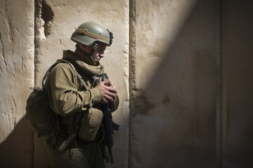 Soldier in uniform praying. AI generative