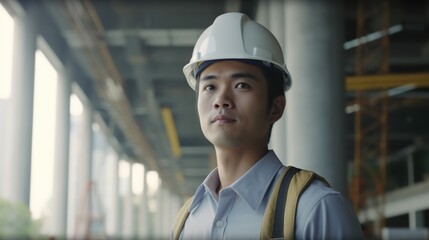 Portrait of Asian engineer or architect wearing safety helmet and standing in construction site.Generative Ai