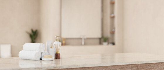 Toiletries set on a white tabletop with copy space in a modern white bathroom