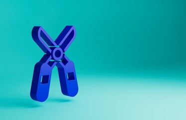 Blue Gardening handmade scissors for trimming icon isolated on blue background. Pruning shears with wooden handles. Minimalism concept. 3D render illustration