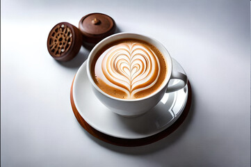 flat white coffee with latte art in a white cup and saucer on a white table with cake