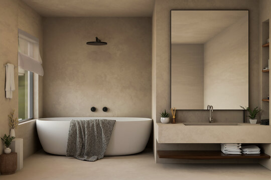 Interior design of a modern loft bathroom with bathtub, large mirror and loft vanity top