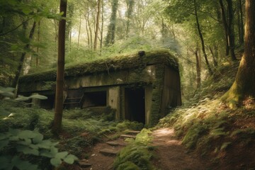 Fototapeta na wymiar abandoned bunker in the forest, with trees and vegetation growing around it, created with generative ai