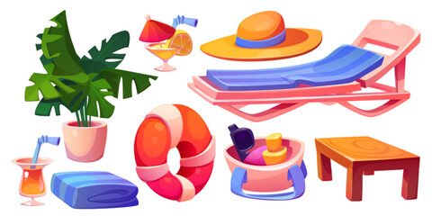 Summer pool beach cartoon lounger png object set. Hat, towel, plant and sunbed collection for sea vacation icon. Patio furniture with inflatable swimming circle for relax and rest in water on poolside