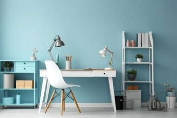 Stylish Blue Room Office Setup, Desk with Supplies and Wall Copy Space for a Minimalistic Workspace. Modern Blue Room Office Design. 