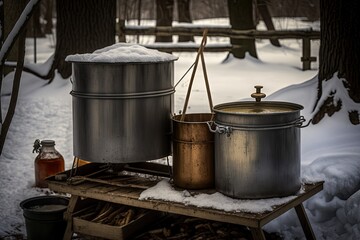 old-fashioned maple sap evaporator with buckets and ladles for boiling down the sweet, sticky syrup, created with generative ai - obrazy, fototapety, plakaty