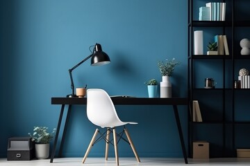 Stylish Blue Room Office Setup, Desk with Supplies and Wall Copy Space for a Minimalistic Workspace. Modern Blue Room Office Design. 