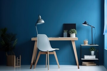 Stylish Blue Room Office Setup, Desk with Supplies and Wall Copy Space for a Minimalistic Workspace. Modern Blue Room Office Design. 