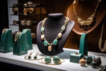accessories and jewelry display at upscale boutique, with necklace and earring combos, created with generative ai