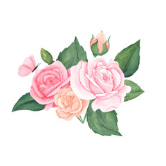 Watercolor pink peach pastel rose with green leaf and bud. illustration for greeting card, invitation, wedding. Isolated on white background