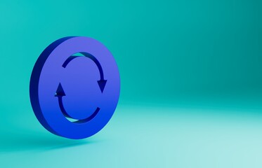 Blue Recycle symbol icon isolated on blue background. Circular arrow icon. Environment recyclable go green. Minimalism concept. 3D render illustration