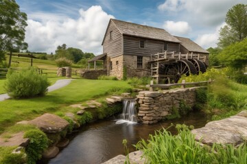 Fototapeta na wymiar farmhouse surrounded by lush rolling hills, with stream and waterwheel in the background, created with generative ai