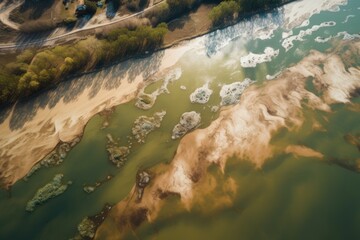 an aerial view of a river, with the polluted water visible and affecting surrounding ecosystems, created with generative ai