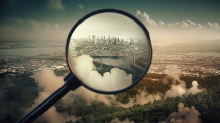 Aerial view of a city under the magnifying glass. Created with generative AI technology.