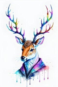 Colorful watercolor painting a deer illustration. AI generated.