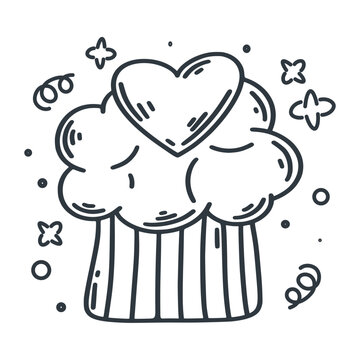Cute cupcake with heart doodle style. Muffin with cream ink hand engraving. Sweet pastries sketch, isolated vector