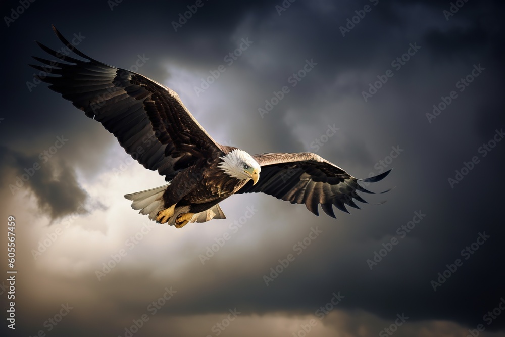 Poster a magnificent view of a bald eagle flying above the clouds in the sky. generative ai